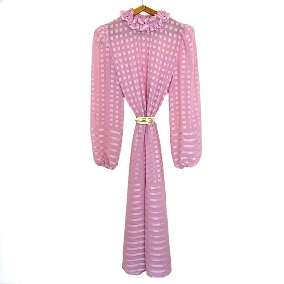 Vintage Sheer Pink Ruffle Collar Dress - Picture 2 of 7